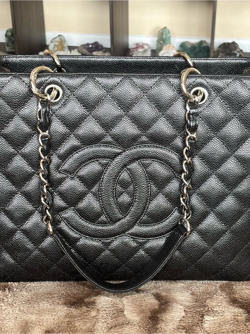 CHANEL NWT Grand Shopping Tote Black Quilted Caviar Leather W/Chain-Strap Handle